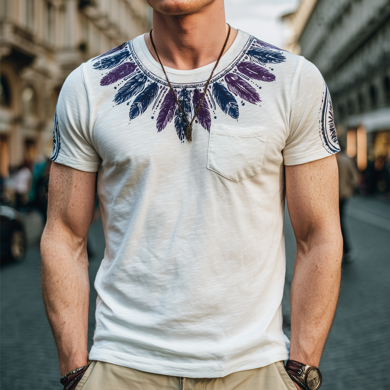 Men's Fashion Feather Print Slub Cotton Round Neck Short Sleeve T-Shirt DTT25071606