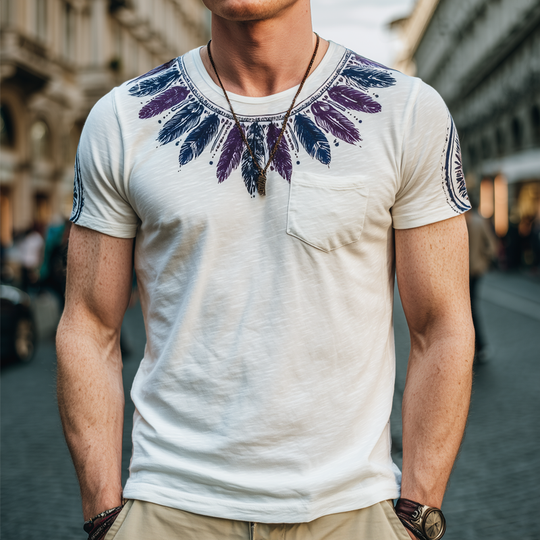 Men's Fashion Feather Print Slub Cotton Round Neck Short Sleeve T-Shirt DTT25071606