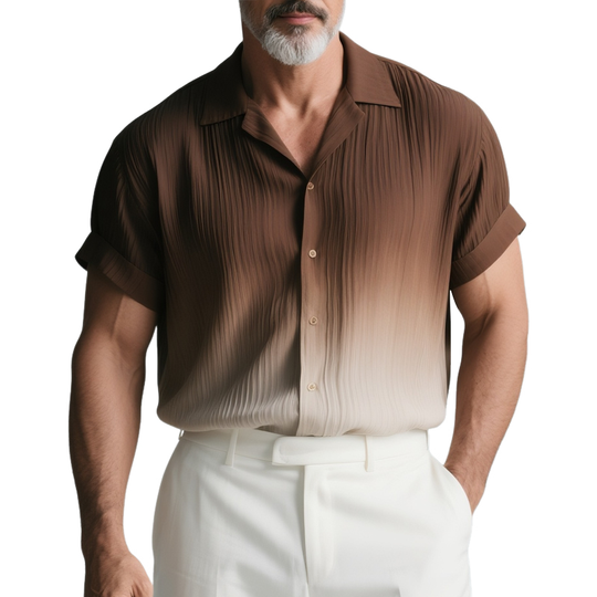 Men's Gradient Textured Striped Chiffon Lapel Short Sleeve Shirt DTT25073109