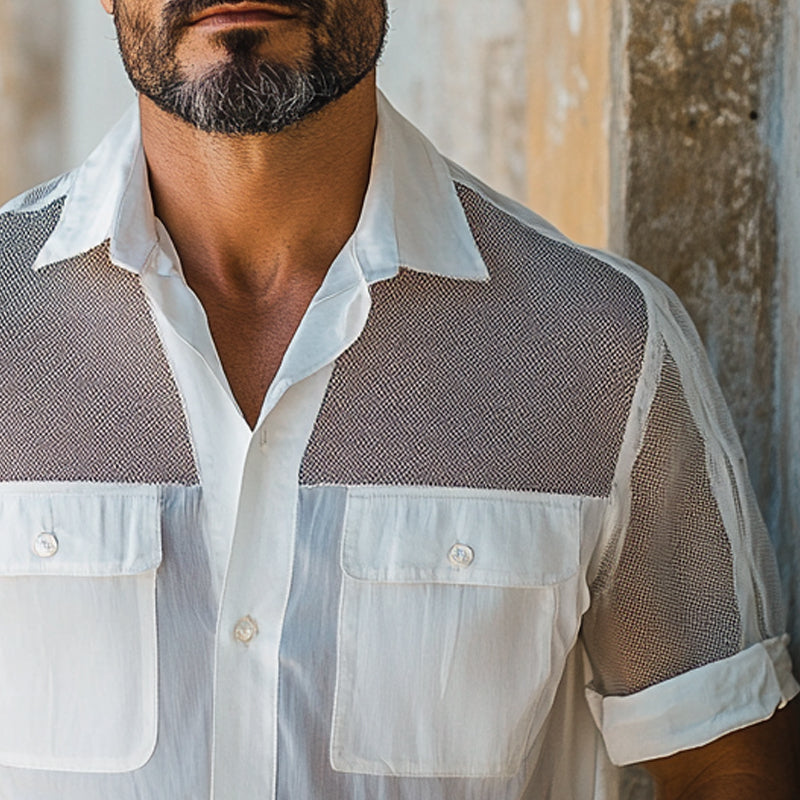 Men's Solid Color Stitching Multi-Pocket Short-Sleeved Shirt DTT25053023