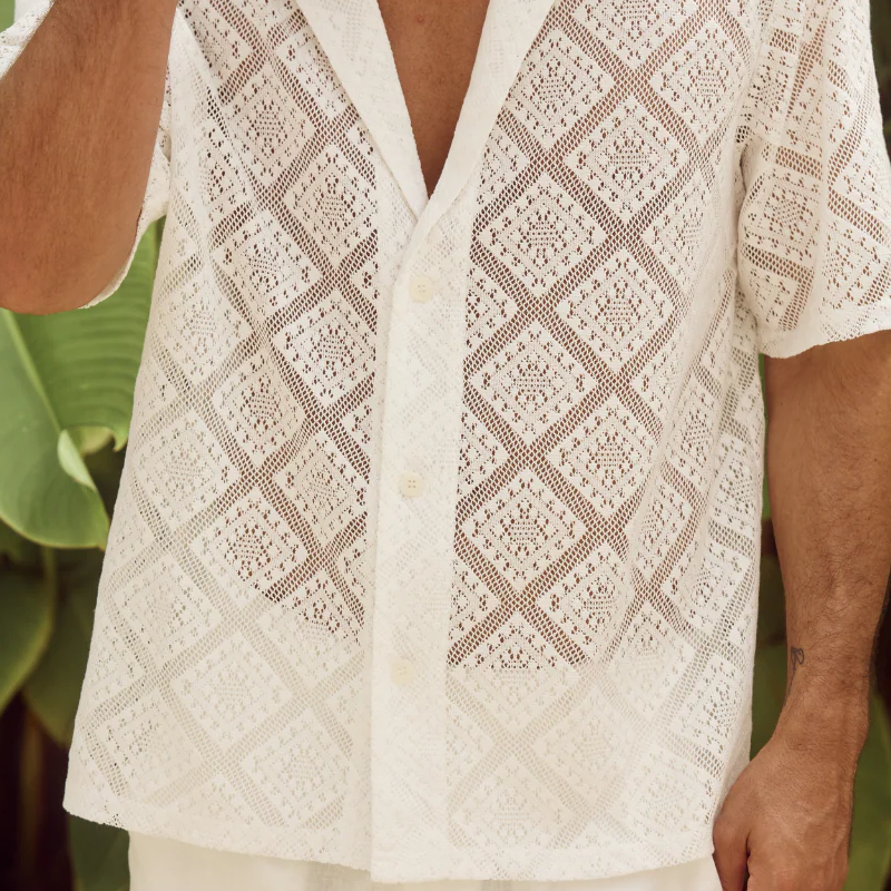 Men's Spring And Summer Fashion Casual Lace Slightly Transparent Sexy Short-sleeved Shirt DTT25070801