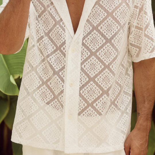 Men's Spring And Summer Fashion Casual Lace Slightly Transparent Sexy Short-sleeved Shirt DTT25070801