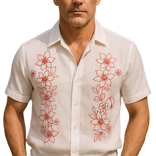 Men's Summer Comfortable Breathable Linen Embroidered Short Sleeve Shirt DDT25052808