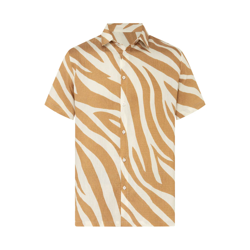 Men's Spring And Summer Fashion Casual Zebra Stripe Printed Silk Cotton Short Sleeve Shirt Elastic Waist Shorts Set DTT25070905