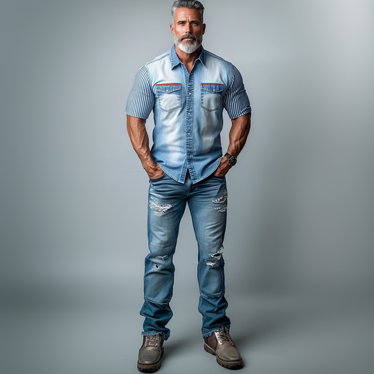 Men's Denim Chest Pocket Button Striped Short Sleeve Shirt 9903586771128