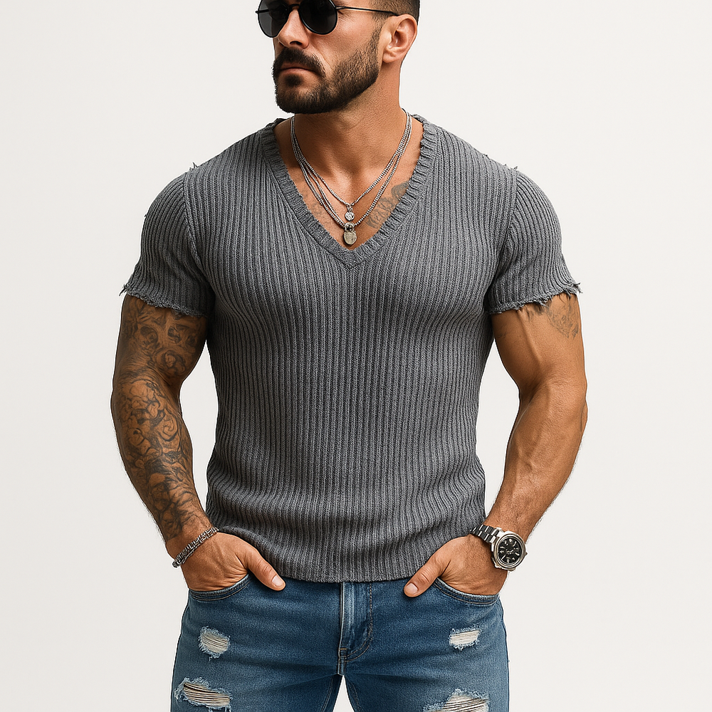 Men's Summer Fashion Elegant Thin Knitted V-neck Short Sleeve T-shirt DTT25062007