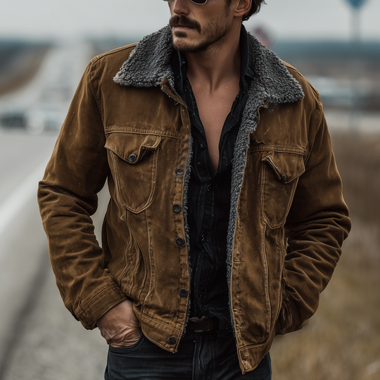 Men's Vintage Solid Fabric Splicing Polar Fleece Lapel Jacket DTT25080715