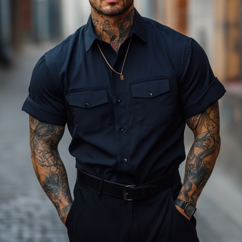 Men's Casual Breathable Cotton Lapel Chest Pocket Loose Short Sleeve Work Shirt DTT25060903
