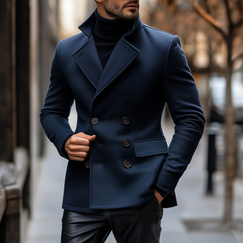 Men's Vintage Solid Color Wool Blend Notch Lapel Double-breasted Slim Fit Peacoat DTT25082811