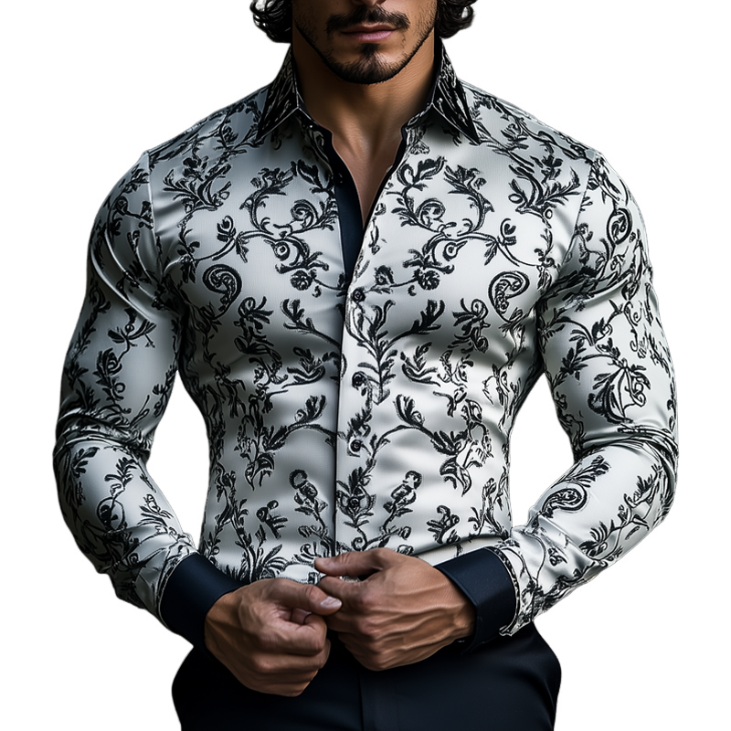Men's Vintage Jacquard Embroidered Satin Lapel Long Sleeve Shirt 9893974081720