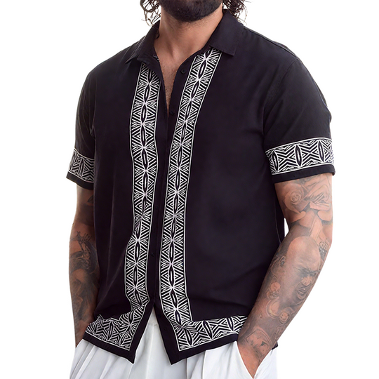 Men's Retro Casual Street Geometric Print Lapel Short Sleeve Shirt DTT25072907