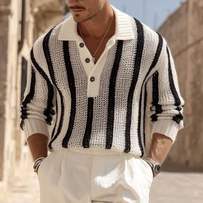 Men's Vintage Contrast Striped Breathable Knit Polo Neck Loose Pullover Sweater DTT25082906