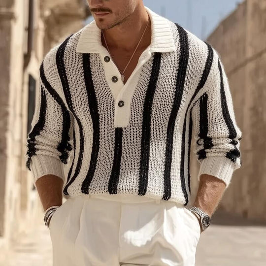 Men's Vintage Contrast Striped Breathable Knit Polo Neck Loose Pullover Sweater DTT25082906