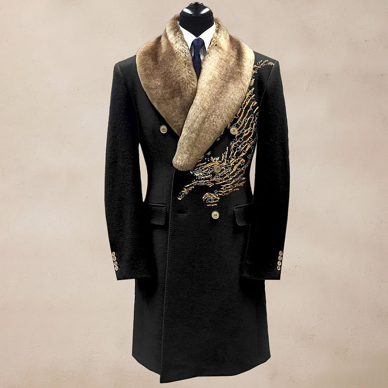 Men's Casual Contrast Binding Button Long Sleeve Windproof Fur Collar Overcoat 9888552911032