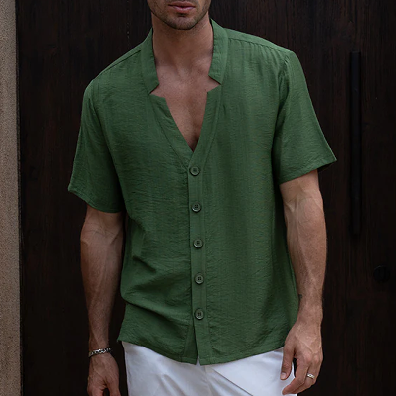 Men's Spring And Summer Fashion Casual Tencel Cotton V-neck Short Sleeve Shirt DTT25070907