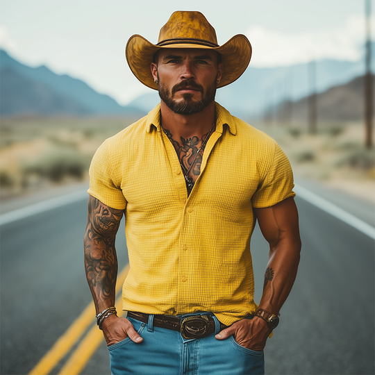 Men's Casual Classic American Western Tough Guy Style Knitted Waffle Slim Short Sleeve Shirt DTT25053013