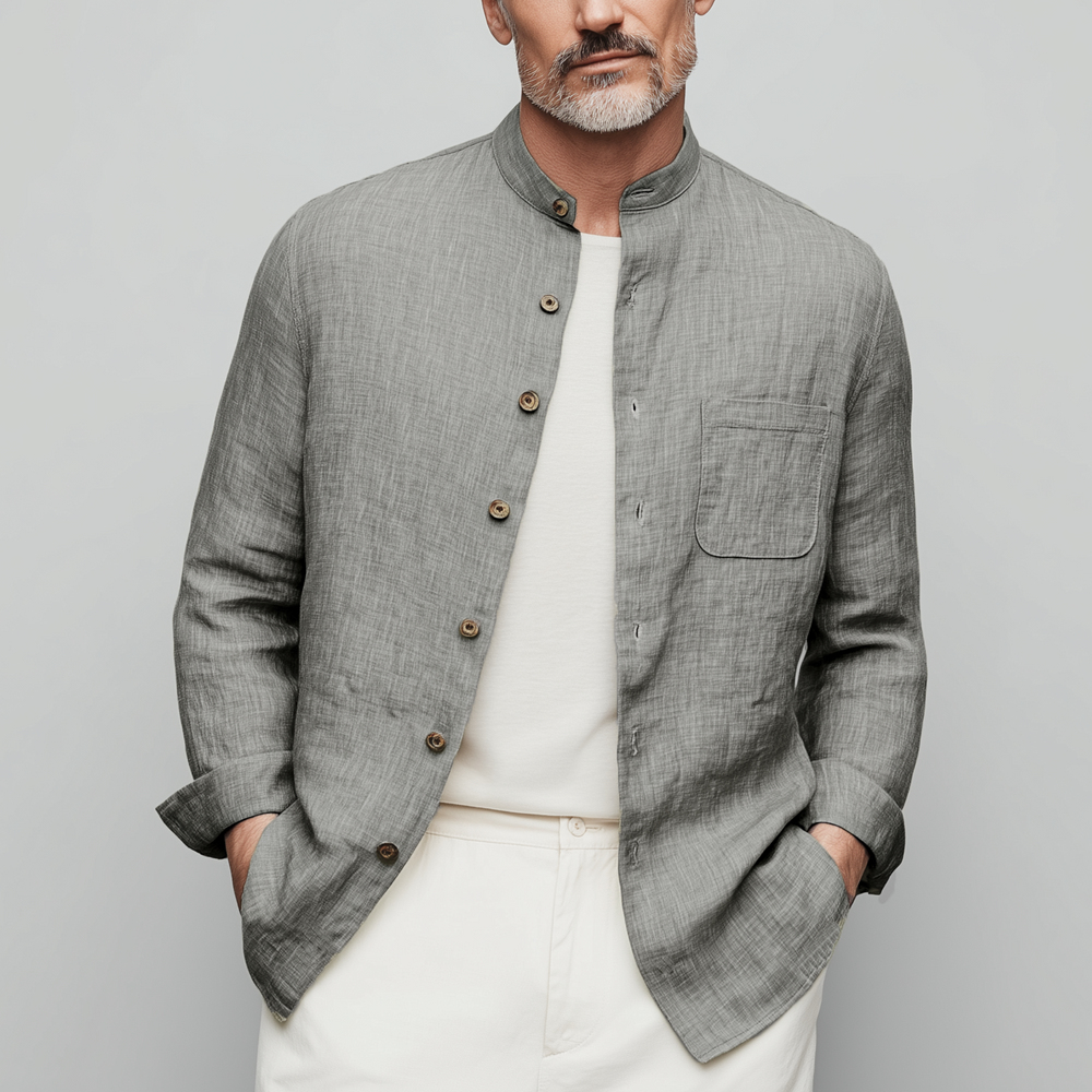 Men's Classic Casual Stand-up Collar Cotton And Linen Wooden Button Long-sleeved Shirt DTT25073016