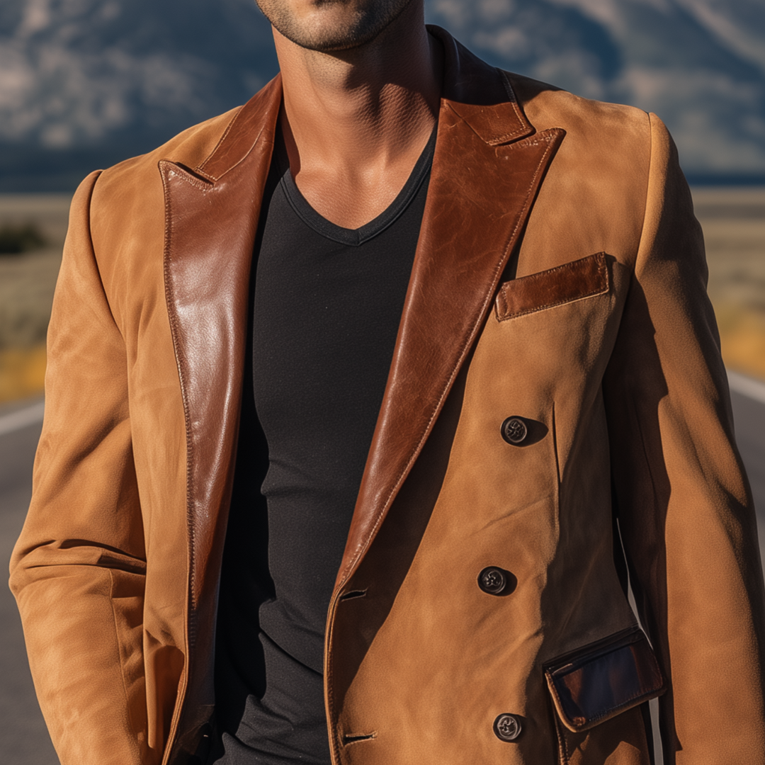 Men's Classic Retro Western Cowboy Style Suede Double-breasted Collar Splicing PU Leather Slim-fit Blazer DTT25080718