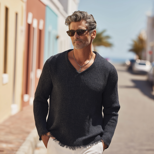Men's Vintage Raw Edge Heathered Knitted Sweater DTT25081805