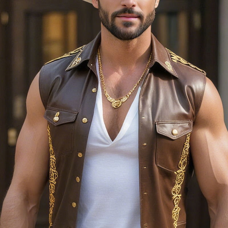 Men's Faux Leather Vintage Trim Lapel Single Breasted Sleeveless Vest DTT25071717