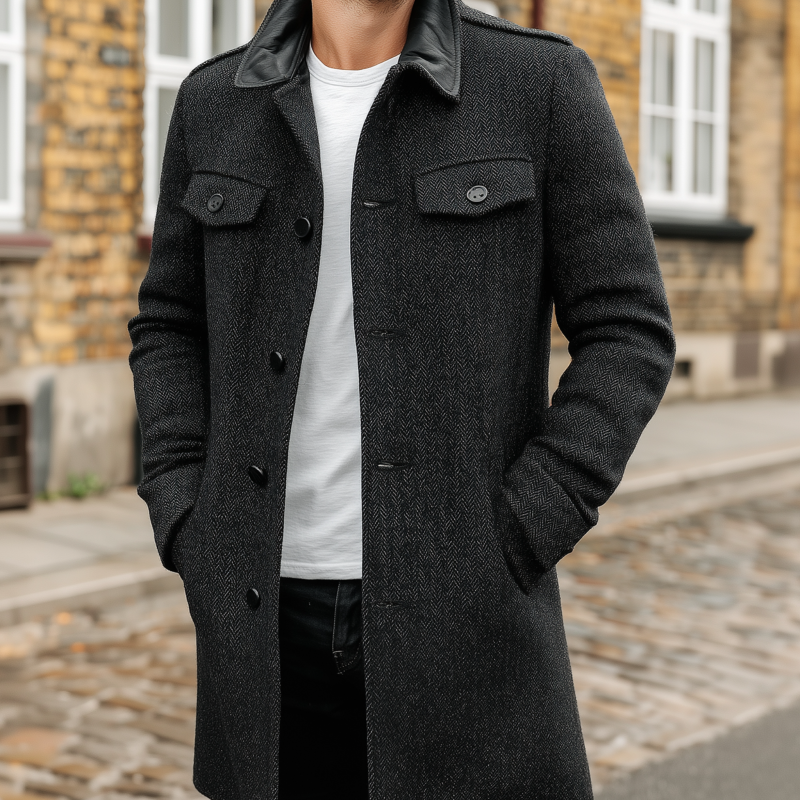 Men's Vintage Herringbone Pattern Splicing PU Lapel Single-Breasted Loose Warm Coat DTT25082506