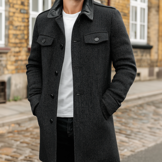 Men's Vintage Herringbone Pattern Splicing PU Lapel Single-Breasted Loose Warm Coat DTT25082506