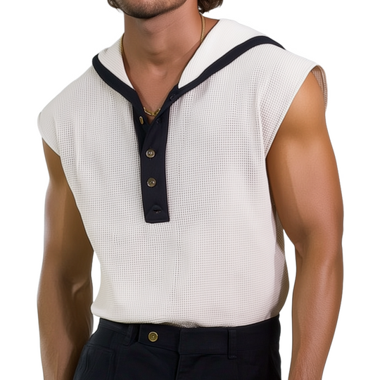 Men's Casual Breathable Waffle Colorblock Henley Collar Hooded Loose Tank Top DTT25062620