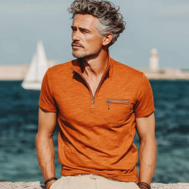 Men's Business Cotton Stand Collar Quarter Zip Short Sleeve T-Shirt DTT25071007