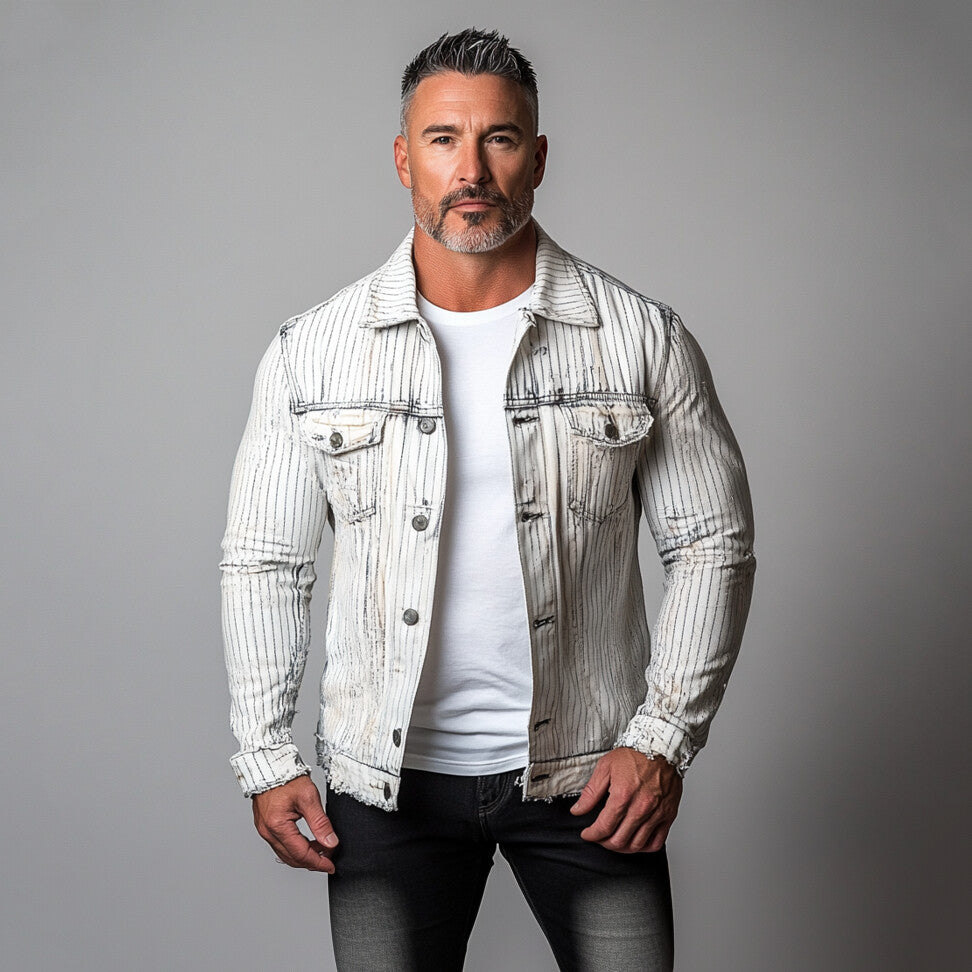 Men's Denim Striped Raw Edge Turndown Collar Button Jacket 9903586934968