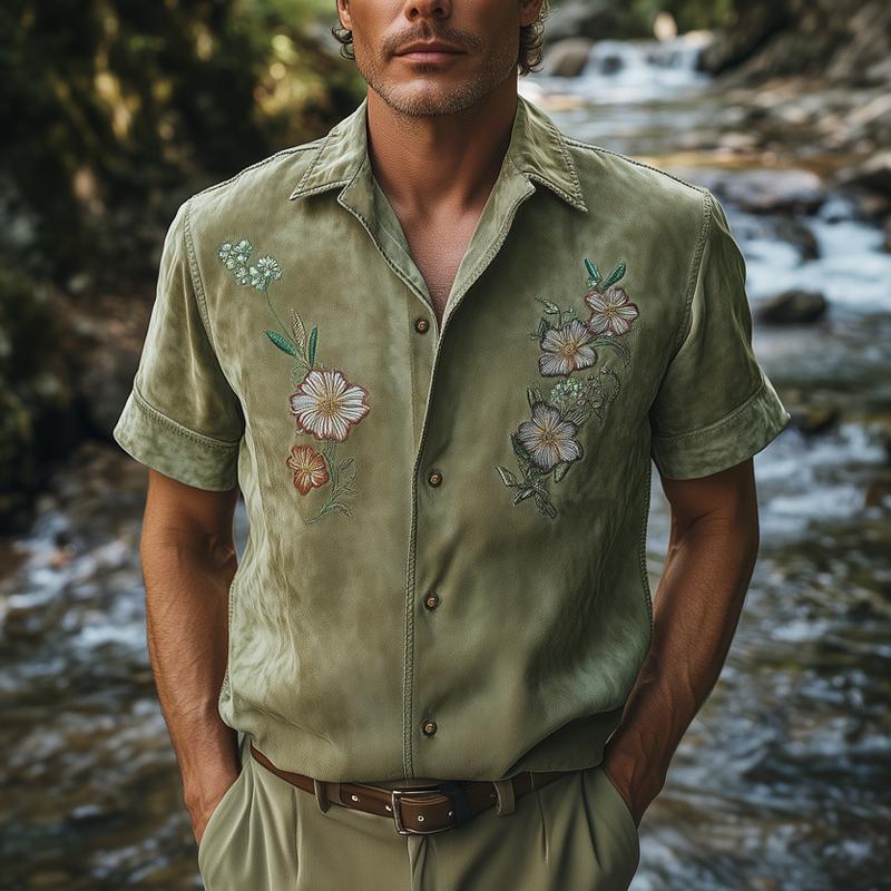 Men's Summer Suede Exquisite Floral Embroidery Short Sleeve Shirt DTT25061312