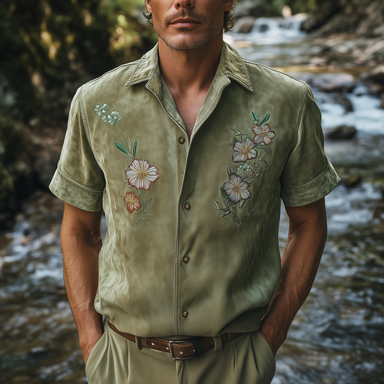 Men's Summer Suede Exquisite Floral Embroidery Short Sleeve Shirt DTT25061312