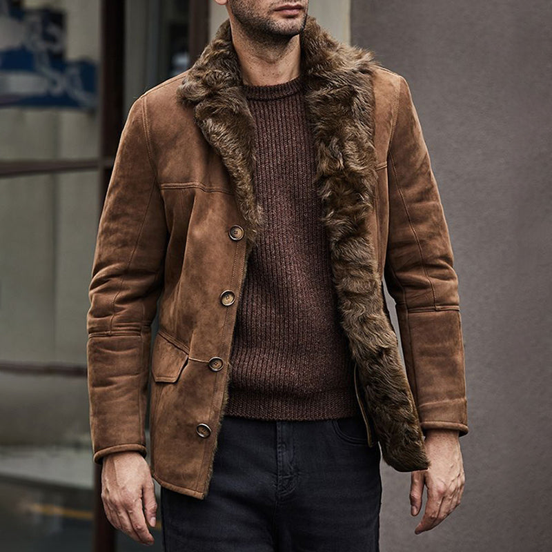 Men's Furry Collar Single Breasted Side Pocket Jacket 9885797155000