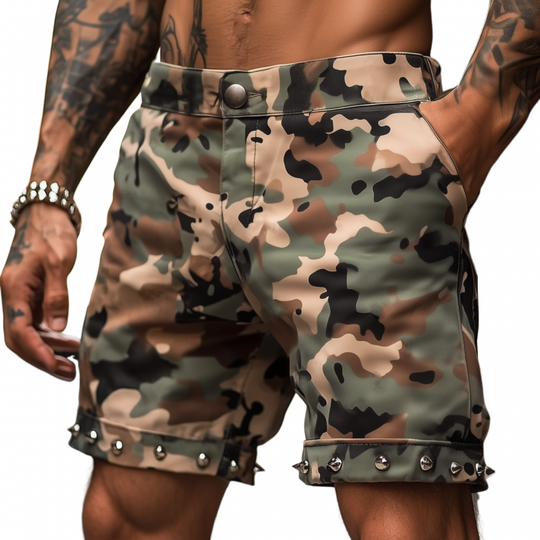 Men's Casual Punk Camouflage Cotton Hem Rivet Decoration Straight Denim Shorts DTT25061202