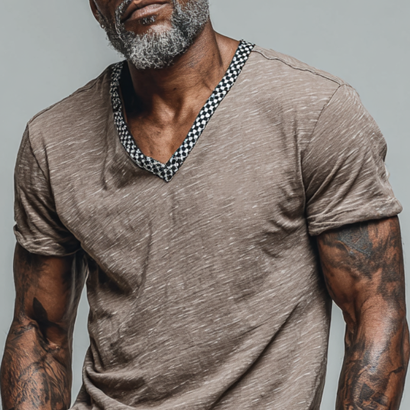 Men's Cotton Blend Plaid Print V-neck Short-sleeved T-shirt DTT25062312