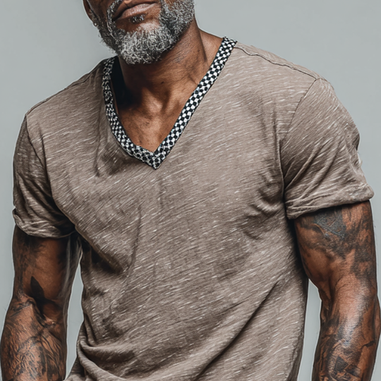 Men's Cotton Blend Plaid Print V-neck Short-sleeved T-shirt DTT25062312