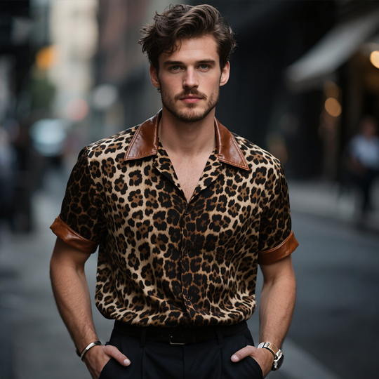 Men's Retro Casual Leopard Print Leather Lapel Short Sleeve Shirt DTT25071008