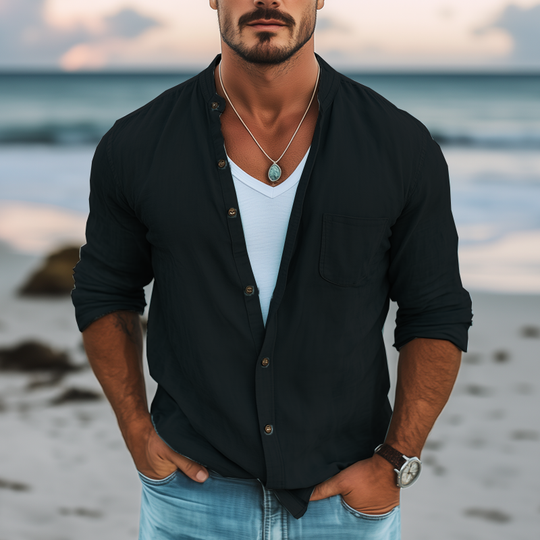Men's Basic Solid Color Cotton Long Sleeve Shirt DTT25072908