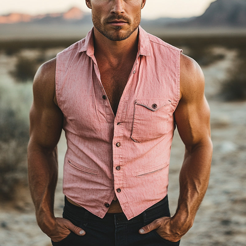 Men's Western Cowboy Style Solid Color Cotton And Linen Lapel Vest DDT25052915