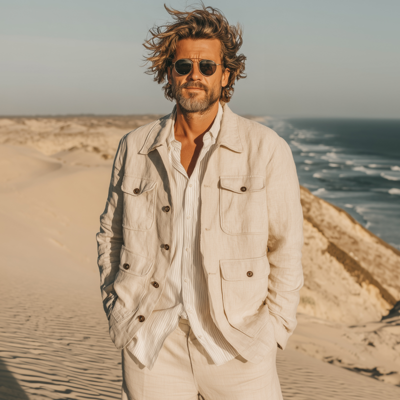 Men's Stylish Solid Color Breathable Linen Lapel Single Breasted Loose Safari Jacket DTT25071117