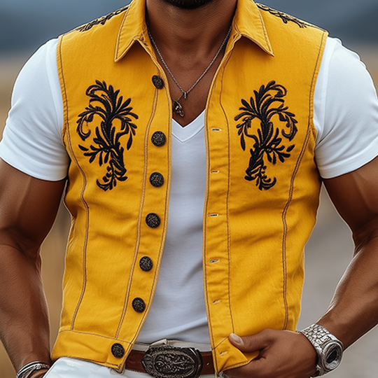 Men's Casual Retro American Western Style Cotton And Linen Embroidered Lapel Slim Fit Single-breasted Vest DTT25061718