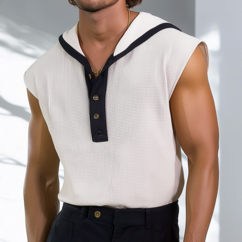 Men's Casual Breathable Waffle Colorblock Henley Collar Hooded Loose Tank Top DTT25062620