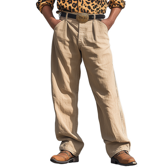 Men's Spring And Summer Fashion Western Cowboy Style Cotton And Linen Washed Loose Casual Pants DTT25060609