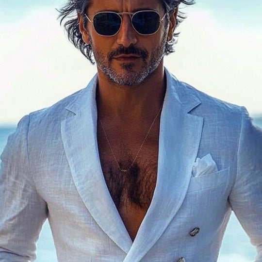Men's Solid Color Thin Double-Breasted Cotton And Linen Blazer DTT25063001