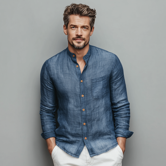 Men's Classic Casual Tencel Cotton Stand Collar Long Sleeve Shirt DTT25080119