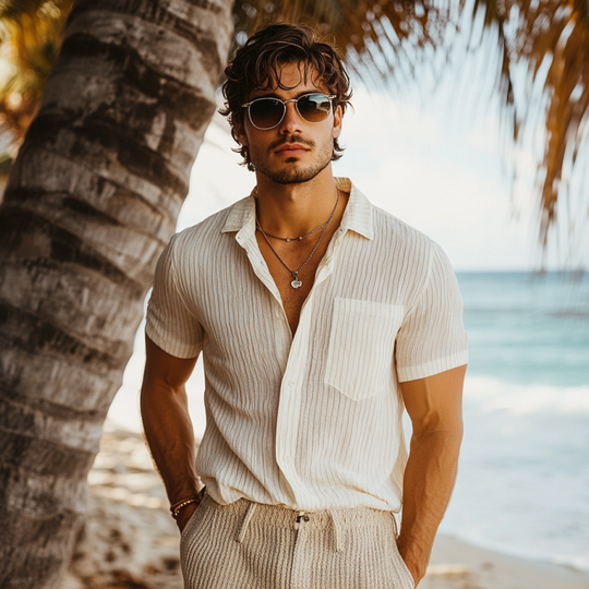 Men's Casual Breathable Linen Striped Lapel Patch Pocket Slim Fit Short Sleeve Shirt DTT25060516
