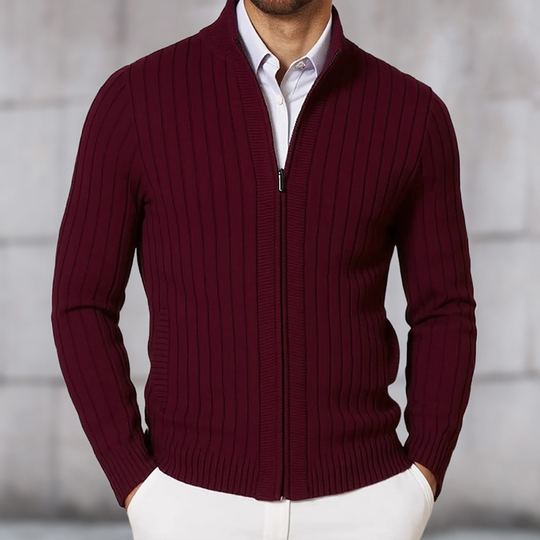 Men's Stand Collar Solid Color Striped Knit Zipper Cardigan DTT25081801