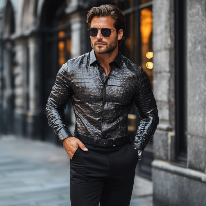 Men's Fashion Casual Slim Fit Textured Leather Long Sleeve Shirt 9899714019512