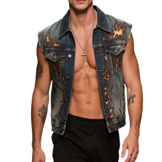 Men's Retro Casual Washed Denim Flame Print Lapel Single Breasted Vest DTT25060511