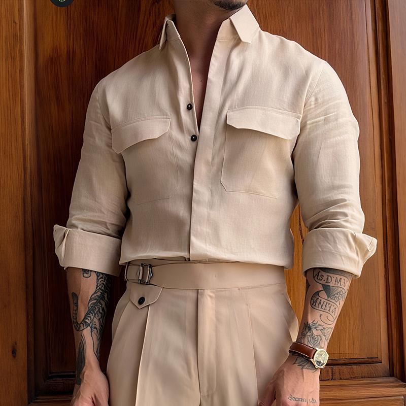 Men's Retro Casual Linen Solid Color Lapel Long Sleeve Shirt DTT25073002