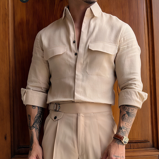 Men's Retro Casual Linen Solid Color Lapel Long Sleeve Shirt DTT25073002
